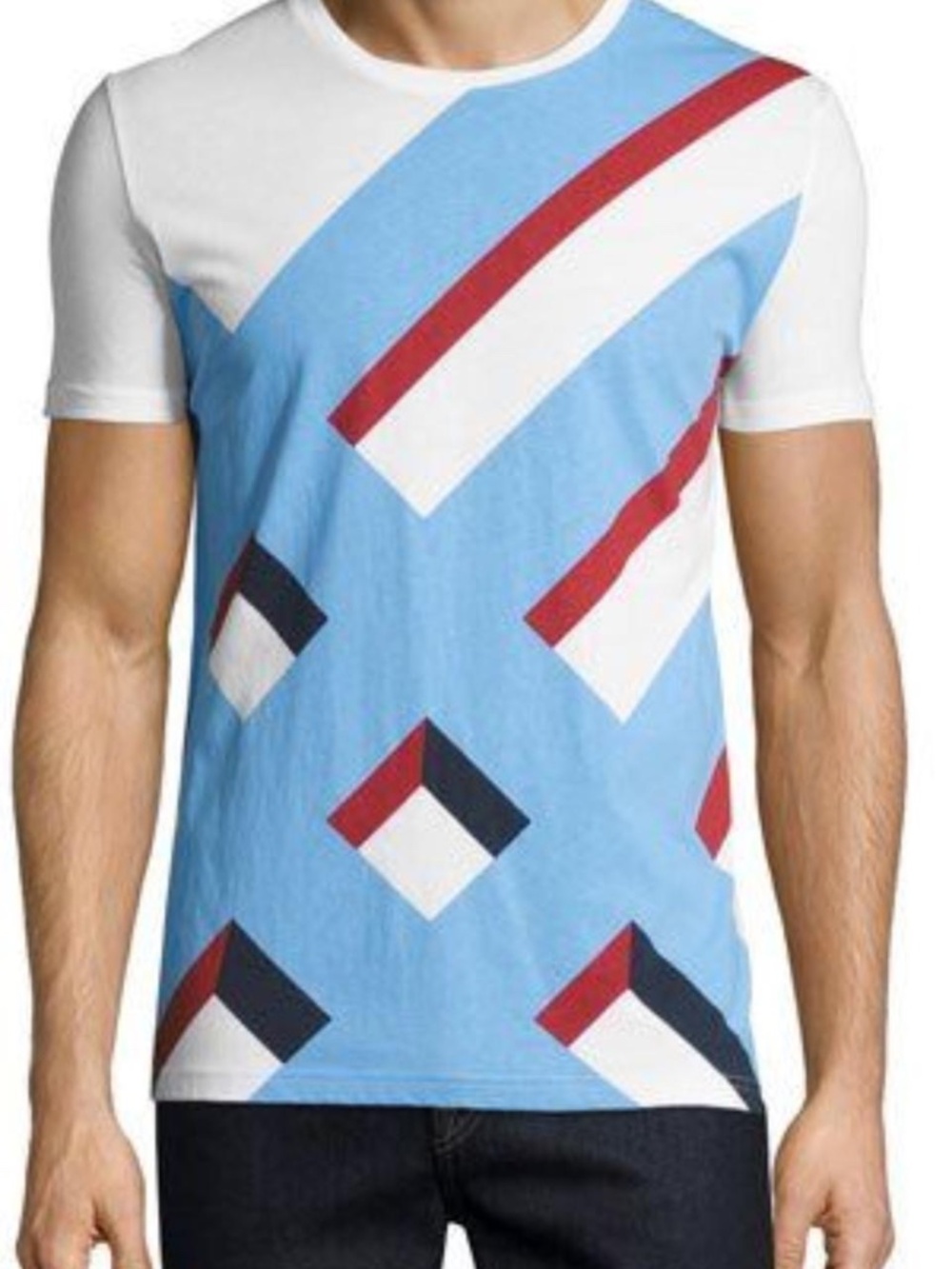 Burberry White Short-Sleeve Tee with Light Blue and Red Graphic Stripes